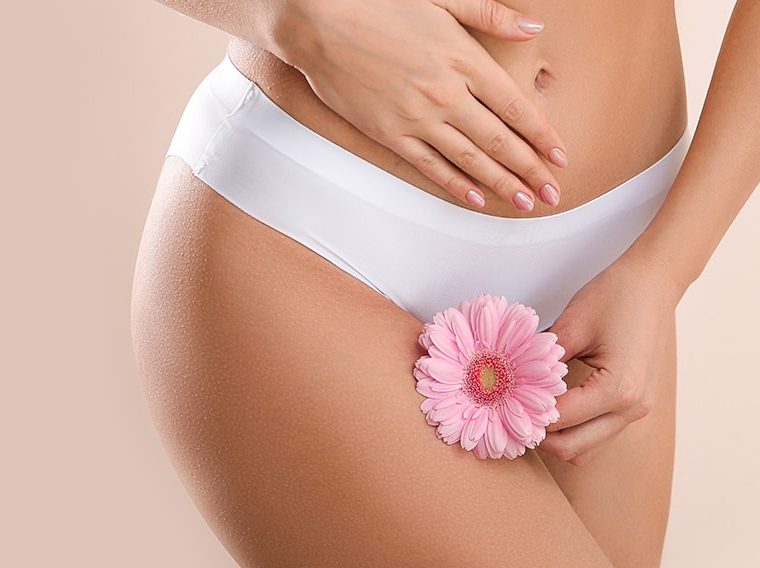 Women in underwear holding a flower against her thigh.